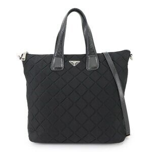 PRADA 2way Tote Shoulder Bag Quilting Nylon Leather Black Purse 90285096